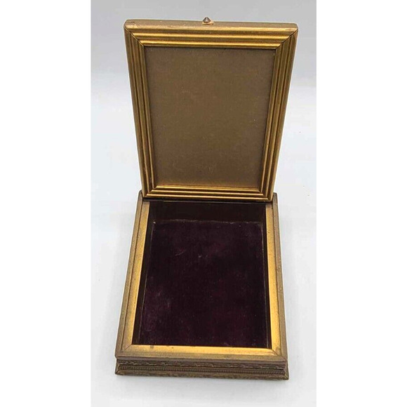 Antique 1920s Hand Carved Wood Jewelry Box French Victorian Print. Velvet Lining - Picture 3 of 16